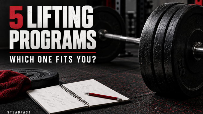 Barbell and training notebook beside the words Five Lifting Programs: Which One Fits You?