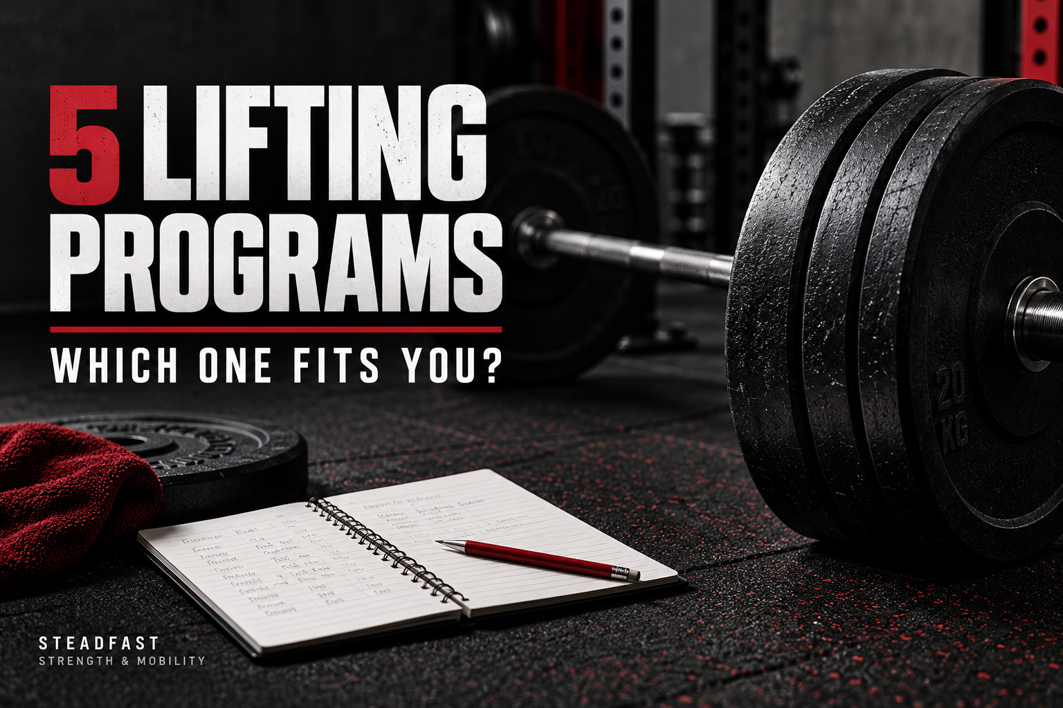 Barbell and training notebook beside the words Five Lifting Programs: Which One Fits You?