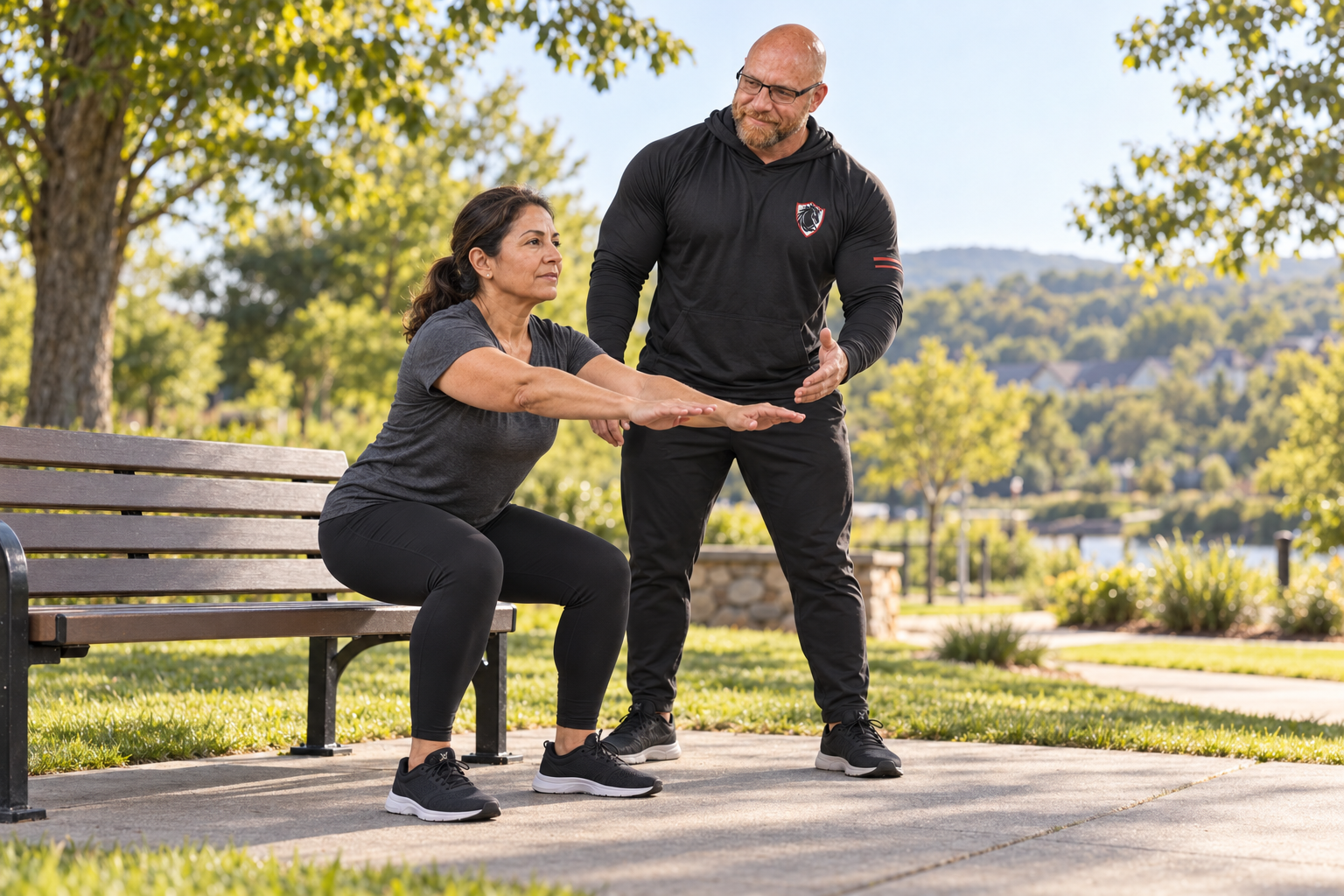 Illustrative scene of Justin Stead coaching an adult woman through a bench squat in a park