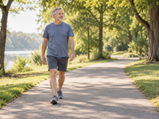 Man taking a relaxed walk along a level, tree-lined park path on a sunny morning.
