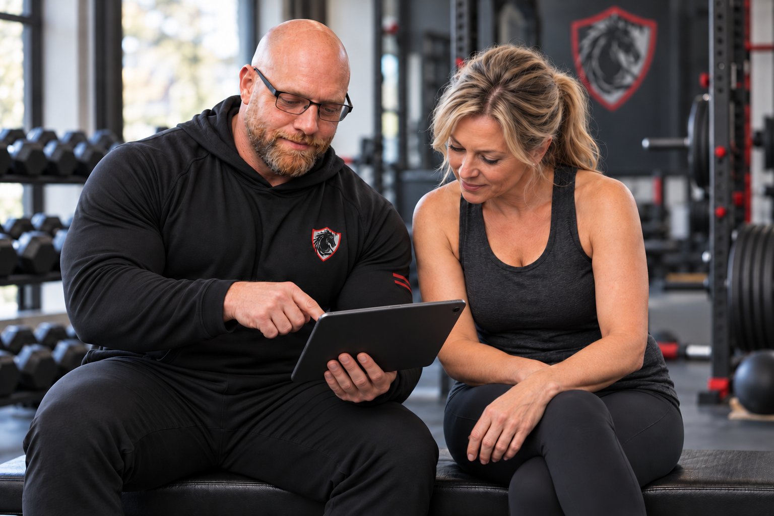 Illustrative scene of Justin Stead and an adult client reviewing a workout plan on a tablet