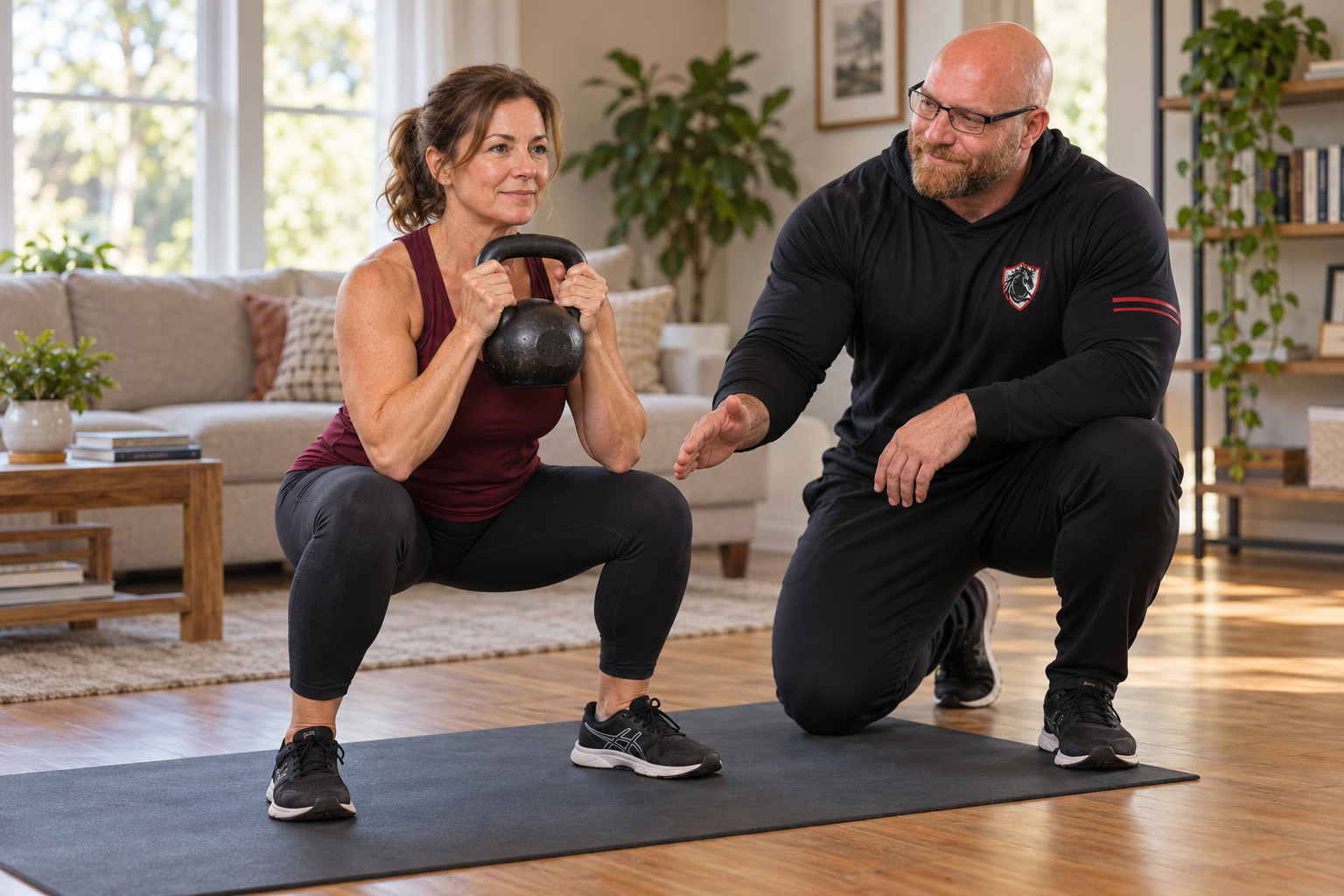 Illustrative scene of Justin Stead coaching a woman through a kettlebell goblet squat in her living room