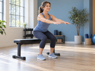 Woman practicing a bodyweight sit-to-stand from a sturdy bench in a bright training studio.