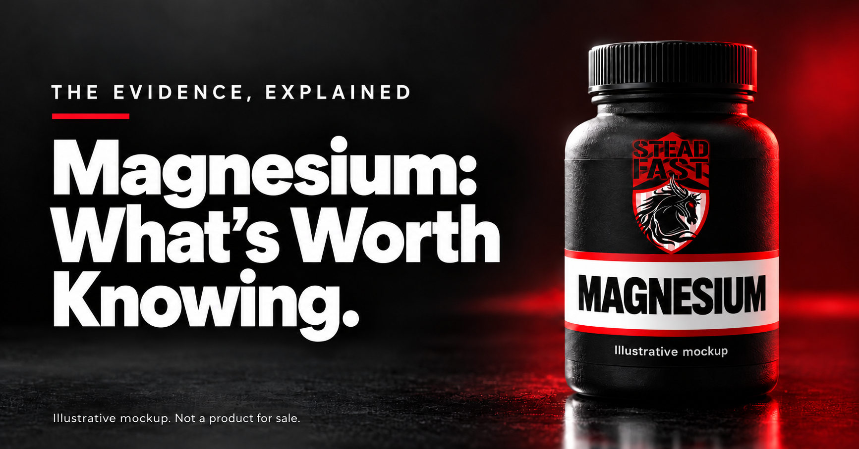 Magnesium: What’s Worth Knowing. A black-and-red Steadfast supplement bottle illustration, labeled as a mockup and not a product for sale.