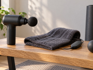 A handheld massage gun, a gray heat wrap and a massage ball on a wooden table.