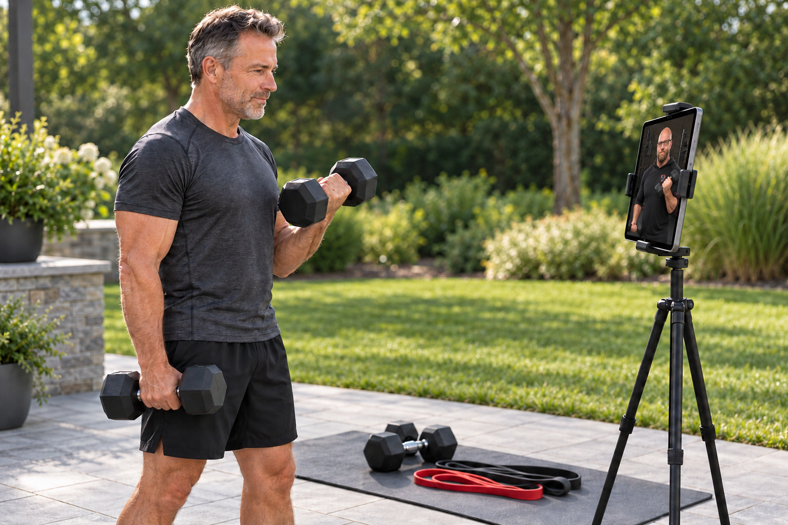 Illustrative scene of a male client exercising outdoors while Justin Stead demonstrates dumbbell curls on a tripod mounted tablet