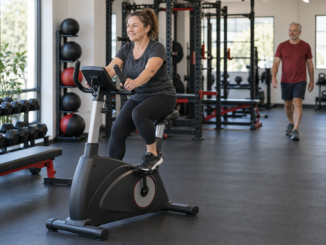 Middle-aged woman cycling comfortably on an upright exercise bike while an older man walks in a bright gym.
