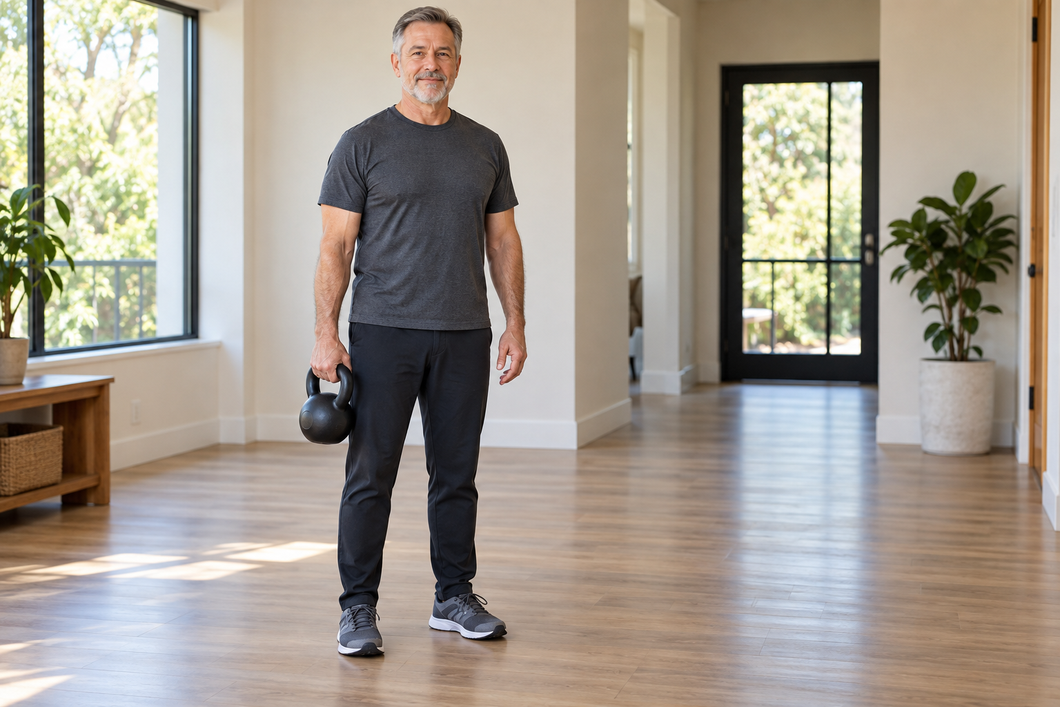 Man standing upright with one kettlebell at his side and a clear walking area for a suitcase carry