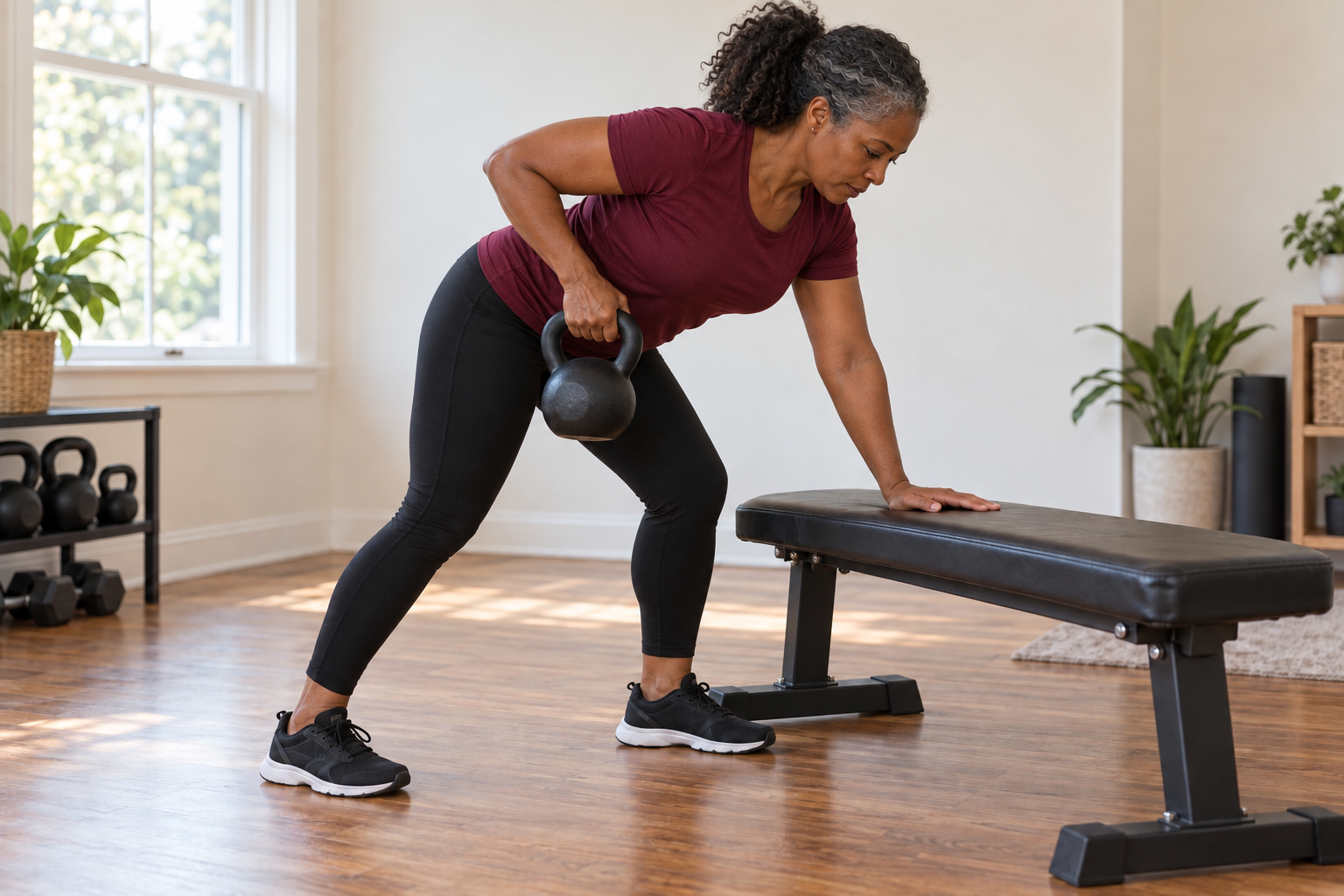 Woman performing a supported one arm kettlebell row with her opposite hand on a stable bench and both feet on the floor