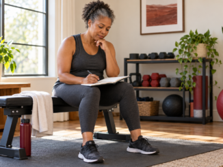 Woman seated on an exercise bench reviewing a notebook before training
