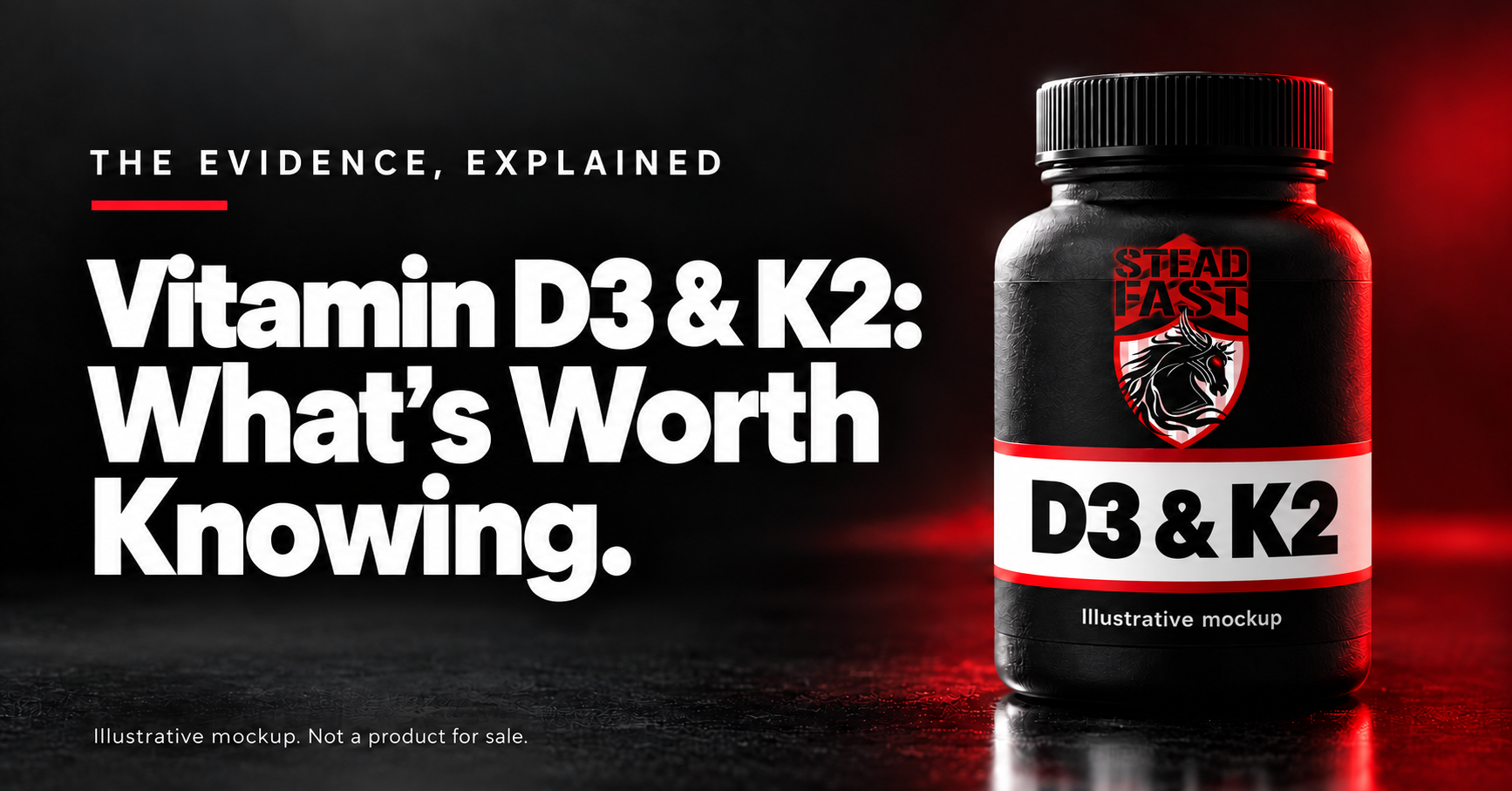 Vitamin D3 & K2: What’s Worth Knowing. A black-and-red Steadfast supplement bottle illustration, labeled as a mockup and not a product for sale.