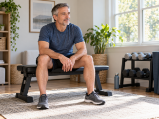Man resting on an exercise bench beside neatly stored dumbbells in a sunlit room.